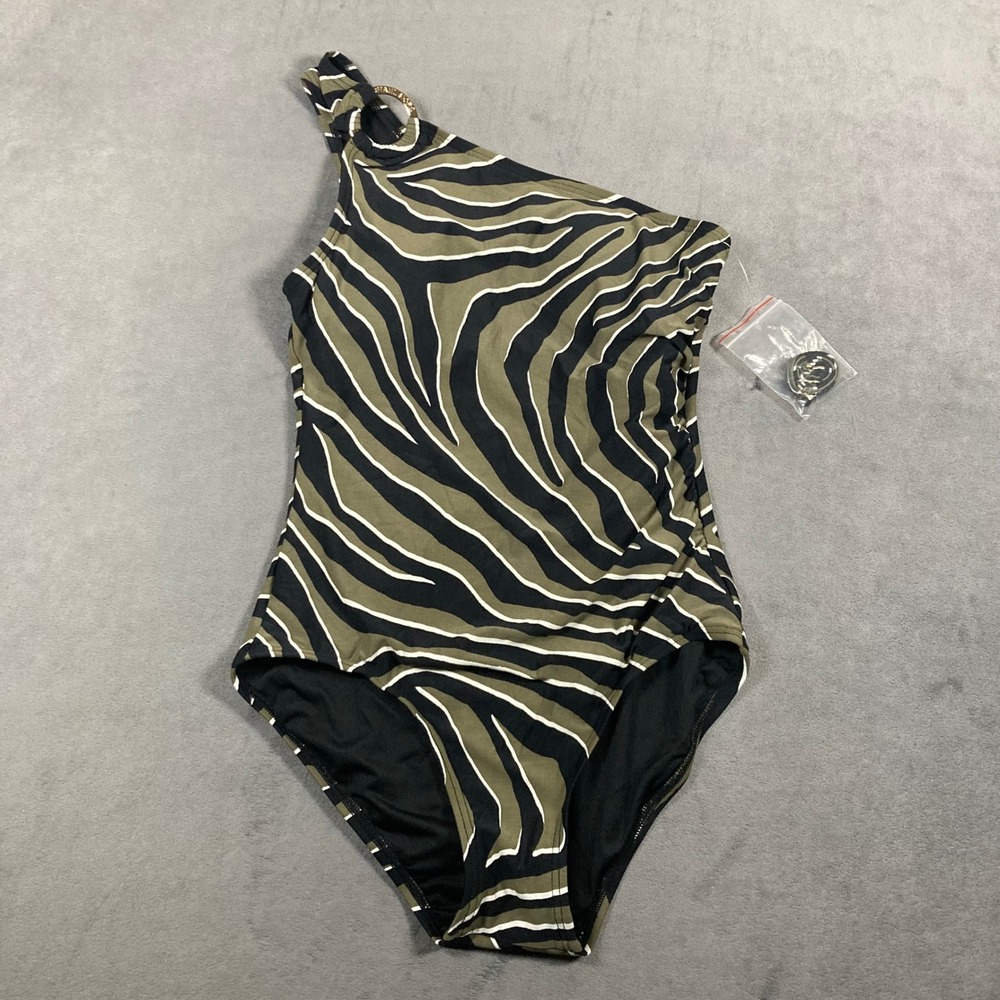 New Michael Kors Zebra Print One Shoulder Swimsuit Olive Green Black size 10